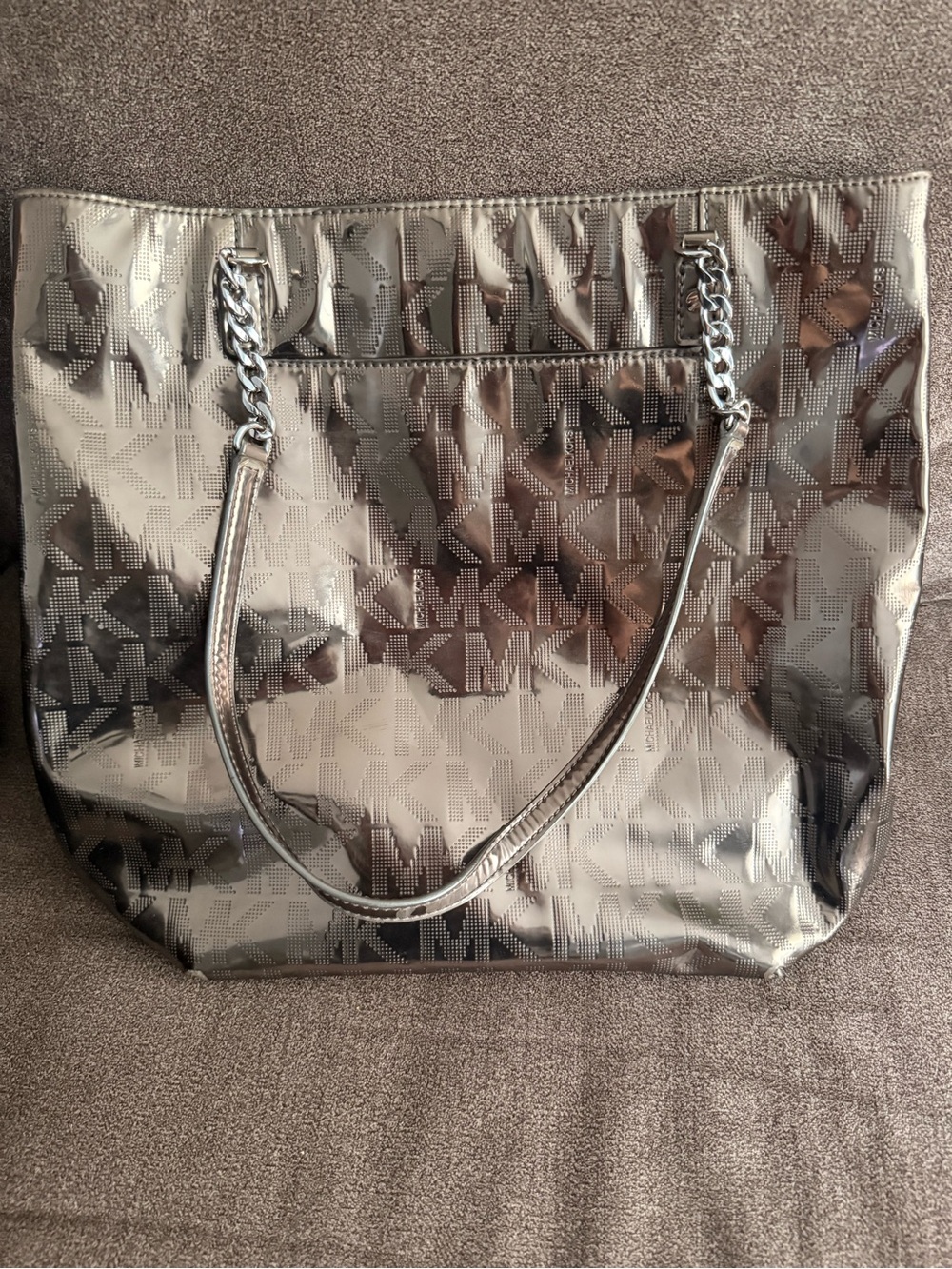 Michael Kors Metallic Silver MK Logo Tote with Chain Straps